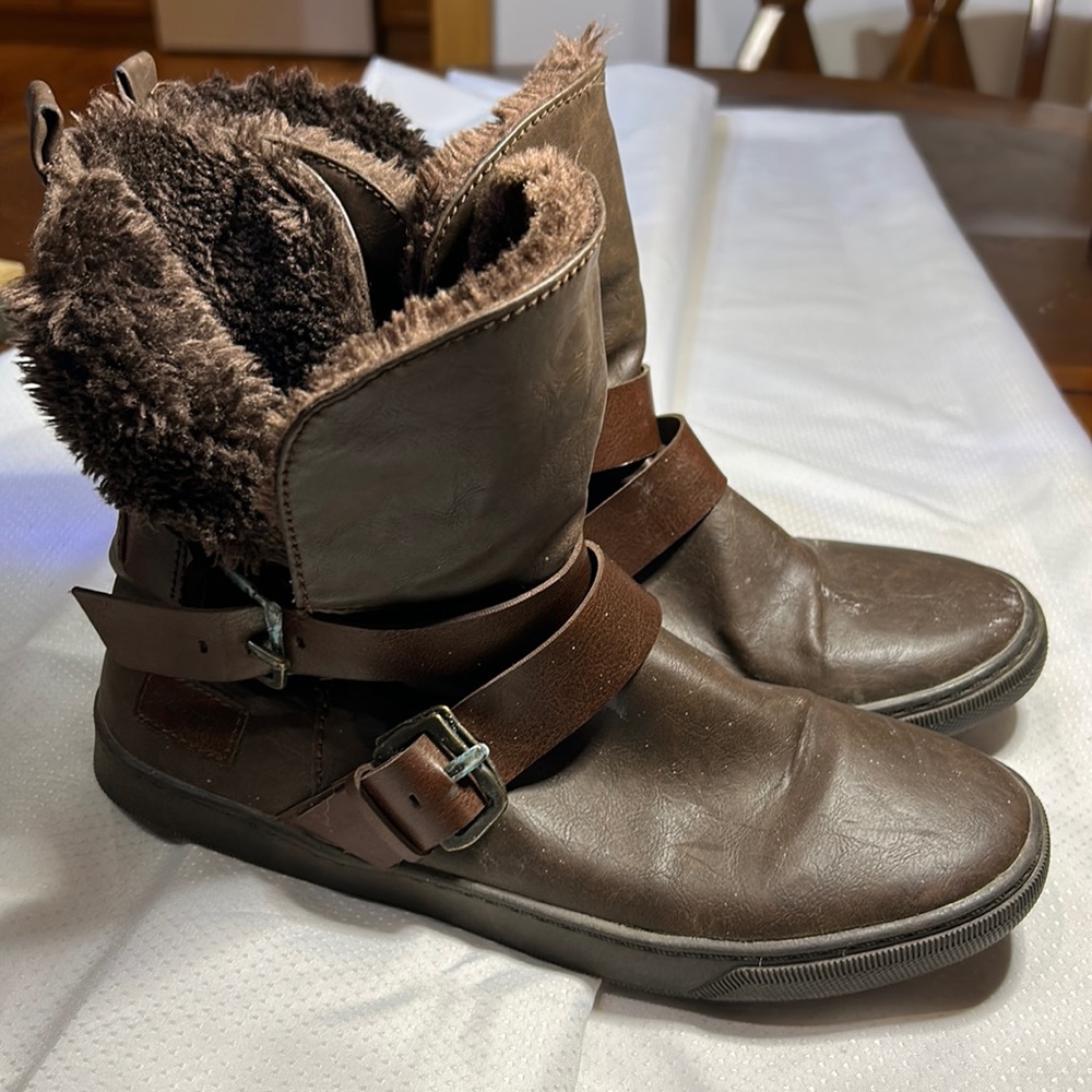 Blowfish Malibu Faux Fur Vegan Leather Boots Womens sz 8.5 Fold Down High Tops